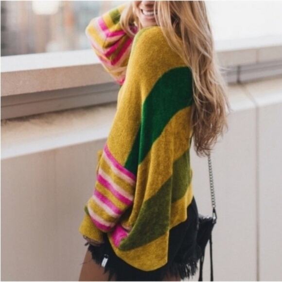 Free People All About You Stripe Chenille Sweater Multi Green Pink XS Oversized - Picture 3 of 16